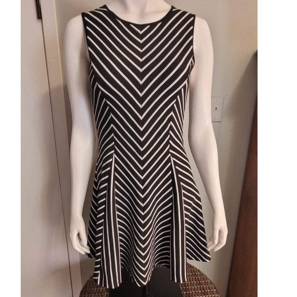 Black White Chevron Stripe Skater Dress Medium Fit Flare Geometric Mod Graphic